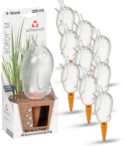 Scheurich Wasserspender Bördy M | 9 x Klar | 220ml Füllmenge | Bewässerungskugel klein mit Ton Fuß | Wasserspender Pflanzen und Blumen Terrakotta Stiel