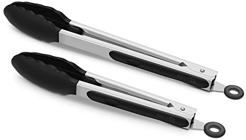 2 Pack Black Kitchen Tongs, Premium Silicone BPA Free Non-Stick Stainless Steel BBQ Cooking Grilling Locking Food Tongs, 9-Inch & 12-Inch
