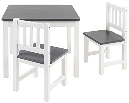 Bomi Kindersitzgruppe Holz Amy | Kindertisch mit 2 Stühlen | Tisch & Stühle Kinderzimmer Set | Spieltisch ab 1 Jahr | Kindertisch für drinnen | Maltisch & Basteltisch Kinder | Kindermöbel Weiß Grau