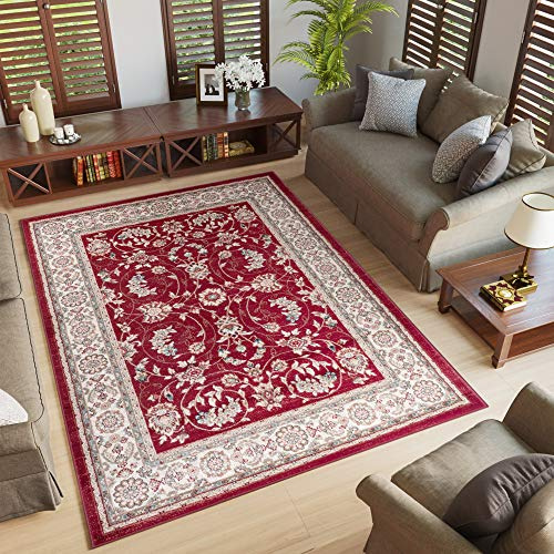 TAPISO Colorado Teppich Kurzflor Rot Creme Blumen Floral 60 x 100 cm | strapzierfähiger Teppich Wohnzimmer Klassisch Orientalisch Ornament Muster Orientteppich OEKO-TEX