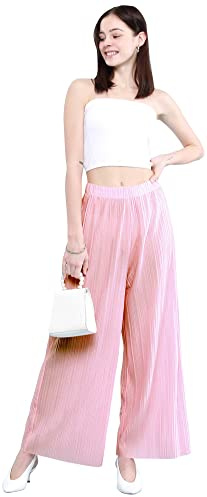 Lock and Love Pantalon Maxi Palazzo plissé à Jambes Larges pour Femme avec Cordon de Serrage ou Bande élastique, Wb1795_Rose, Taille L