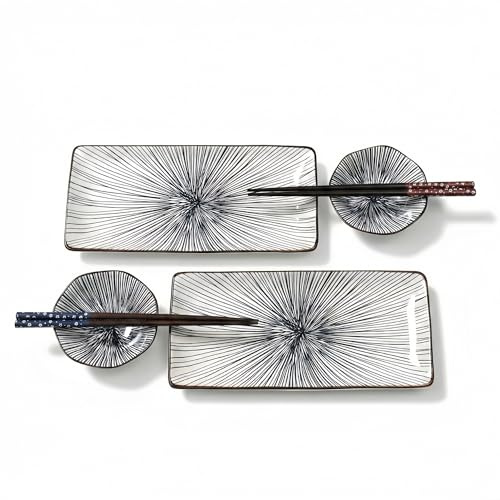 Japanese Style Sushi Plate Set for 2, 6-Piece Porcelain Serving Set with 10 Rectangular Plates, Sauce Bowls & Ironwood Chopsticks, Blue & White, Dishwasher and Microwave Safe