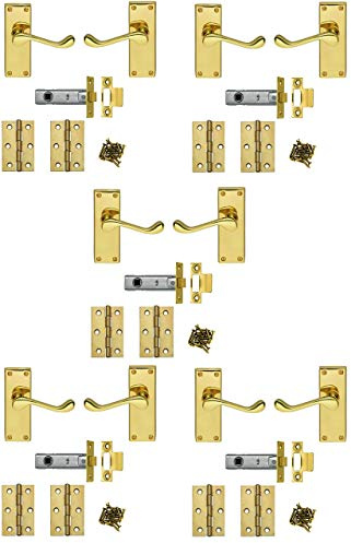 Jiyo.Outdoor 5 Sets Victorian Scroll Door Handles, Polished Brass, 64mm | Includes 3-inch hinges, spindle, and screws for full installation on a metal backplate measuring 120mm x 42mm.