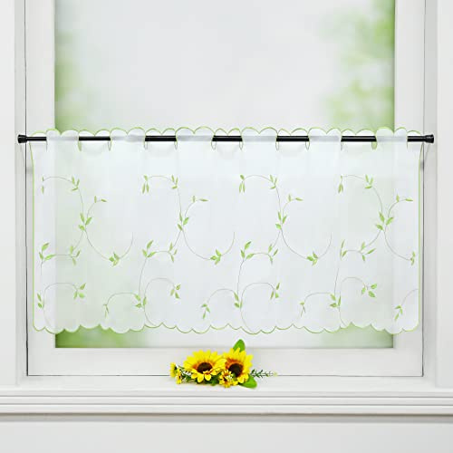 Delien Voile 1 stück Kurzgardinen Bistrogardine Scheibengardinen Kurzstores Stickerei für Küche »Buntes Fallen« Transparente Durchstangenzug Kurzvorhang mit Blattmuster BxH 90x30cm,Grün