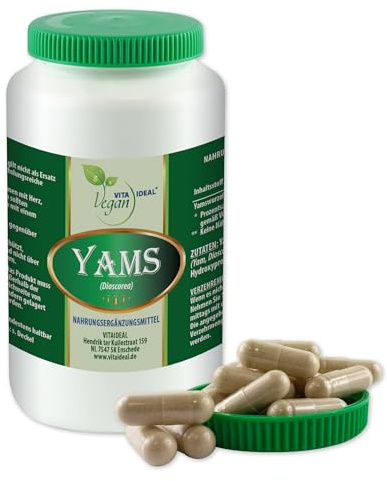 VITA IDEAL Vegan® YAMS - Wurzel - 360 KAPSELN - Dioscorea - Tagesportion 840mg Yamswurzel reines Pulver. Natürlich, pflanzlich und ohne Zusatzstoffe