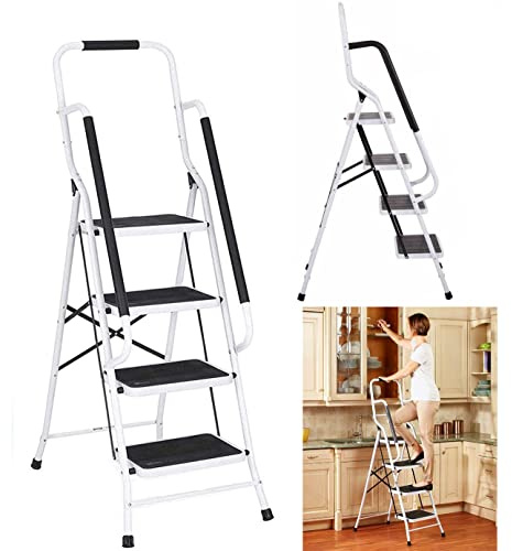 Escalera de mano para el hogar, con pasamanos y alfombrilla antideslizante, plegable, para casa, cocina, jardín, garaje, almacén, 4 peldaños, portátil, plegable, resistente
