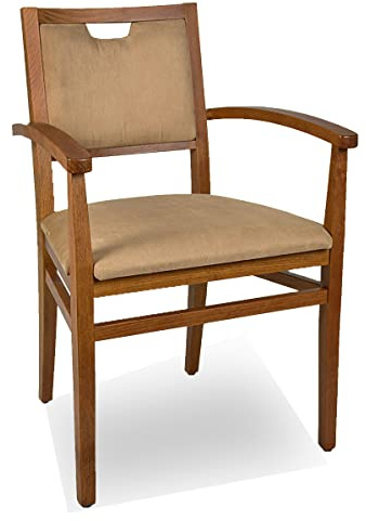 ArredaSì - Chaise avec accoudoirs pour personnes âgées pour cuisine et salle à manger, structure robuste en bois couleur noyer, assise et dossier rembourrés, revêtement en tissu marron clair hydrofuge