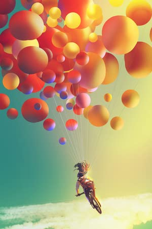 adrium Acryl-Bild 80 x 120 cm: Frau mit bunten Luftballons auf dem Fahrrad am Himmel, Illustrationsmalerei(73544680)