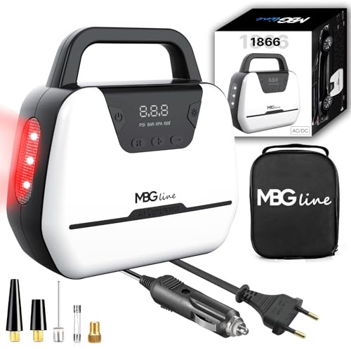 MBG line® Luftkompressor Auto 1866, Kompressor 12V 230V | Autopumpe mit digitaler Anzeige, LED-Licht und Adapter-Set | Luftpumpe für Auto, Motorrad, Fahrrad und mehr