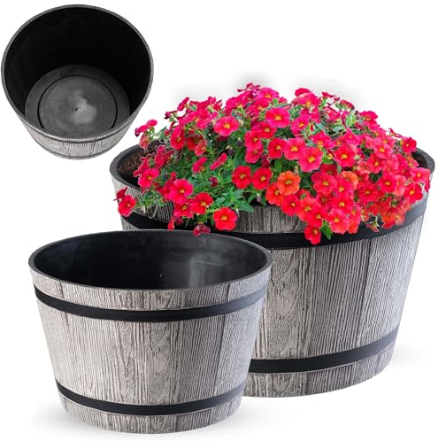 KADAX Grandi Vasi a Forma di Barile per Piante da Esterno, Vasi Decorativi in Plastica dall'Aspetto Naturale di Legno (Grigio Chiaro, Set di 2: 30 e 40 cm)