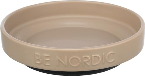 TRIXIE BE NORDIC 24525 platt keramisk kattskål 300 ml brungrå modern matskål för små katter diameter 16 cm keramisk skål med halkfri gummibeläggning