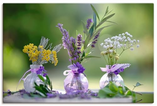 ARTLAND Wanddeko Leinwand Bilder Wandbild 90x60 cm Sommer Glas Deko Arrangement Stillleben Blumen Kräuter Lavendel U4YO
