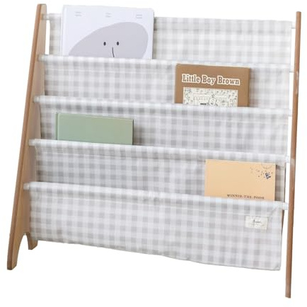 3 Sprouts Bücherregal Kinder, 35 Bücher, Gingham Beige | frontale Stoffablagen mit 4 Ebenen für Kinderzimmer, Kita und Leseecke Geschichten bleiben sichtbar und griffbereit
