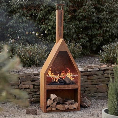 Terrassenfeuer/Grill-Kamin: YERD Grill Gartenkamin mit Schronstein/Feuerstelle BURNLEY, rostig aus echtem 1,6mm Corten-Stahl (!) in Edelrost