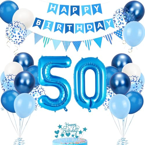 50. Geburtstag Deko Blau, Luftballon 50. Geburtstags, Geburtstagsdeko 50 Jahr, Mädchen 50 jahre Geburtstags Deko-Set, Zahl 50 Luftballons Tortendeko Blau Weiß Ballons für Geburtstag Party Deko