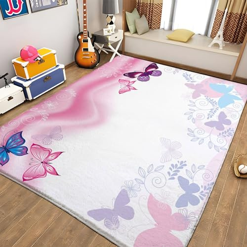 Rosa Home Waschbarer Teppich Rosa Und Schmetterling Modern Designer Kurzflor Teppich Pflegeleichte Waschbare Teppiche für Wohnzimmer, Schlafzimmer, Esszimmer Teppich 120 x 170cm