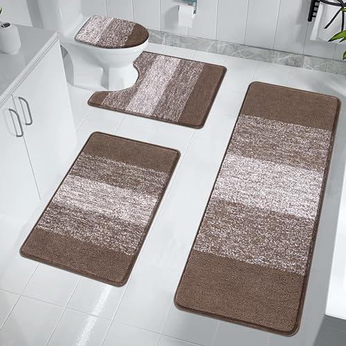 Enyhom Juego de 4 Alfombra Baño Secado Rapido, Alfombrilla Ducha Antideslizante con Tapa de Inodoro, Absorbente Alfombrilla Baño de Microfibra, Lavable a Máquina, Alfombra de Baño y Pedestal para Baño