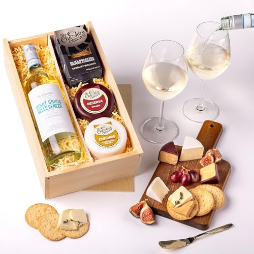 Cheshire Cheese Company | Duo of Cheese and White Wine Gift Set – The Cosy Night In | 2 Cheeses, Biscuits & White Wine Gift Set in Presentation Box | Luxury Food Hamper for any occasion