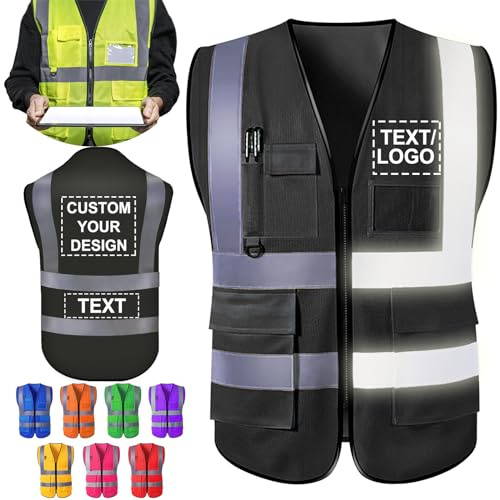 ShAxzHen Chaleco de seguridad personalizado para hombres y mujeres con bolsillos con logotipo, ropa de trabajo protectora de alta visibilidad con tira reflectante