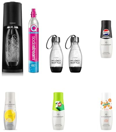 SodaStream Terra Pack - Máquina Gasificadora de Agua Color Negro, Incluye Concentrados de Refresco Sabores Pepsi Zero, 7UP Zero, Mirinda Zero y Tónica Zero para Añadir a tu Agua con Gas