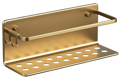 TATAY Duschhylla Utan Borrning Rektangulär Aluminium | Inkluderar Skruvar och Quick Fix Fästsystem | Fuktbeständig | Modern | Enkel Avrinning | 12 x 10 x 30 cm - Modell Serenity - Guld
