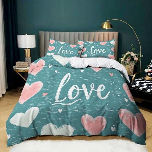 Verde Acqua Copripiumino Matrimoniale 240x220 Forma geometrica del cuore 3D Stampa Morbida Microfibra Biancheria da Letto con Cerniera per Bambini/Adulti 1 Copripiumino + 2 Federe 50x80 cm