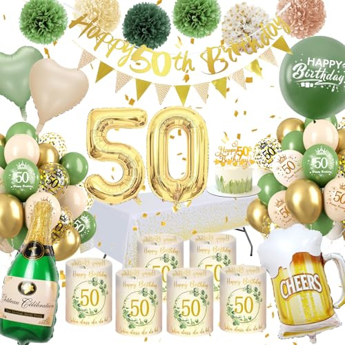Deko 50 Geburtstag Frau,WINAROI 50 Geburtstag Frauen Grüne Gold mit Windlicht Tischdeko, Happy Birthday Banner,Tischtuch, Pompons