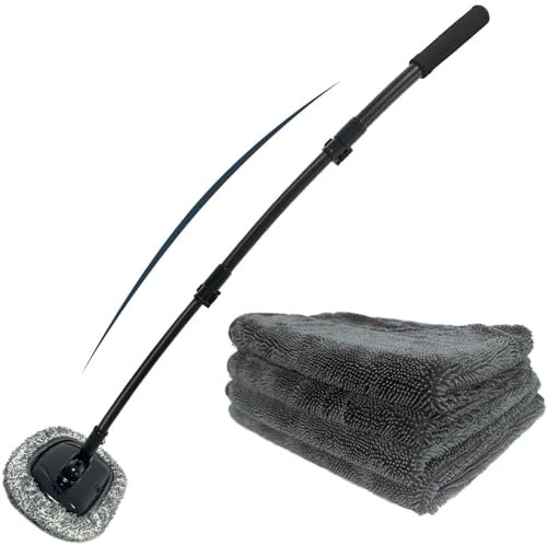 15° Brosse Lavage Voiture Manche Telescopique 113cm Balai Nettoyage Pinceaux Kit, 90 x 60cm Serviette de séchage pour Voiture avec Boucle torsadée Double Face en Microfibre Sans rayures (Gris)