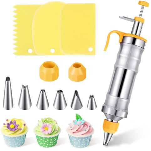 Juego de 12 jeringas para tartas, de acero inoxidable, 400 ml, con 6 boquillas, reutilizable para cupcakes, decoración de tartas
