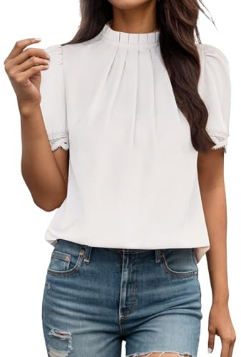 Bluse Damen Elegant - Blusen Tuniken für Damen Elegant Falten Stehkragen T-Shirt Oberteile Sommer lockeres Puffärmeln Blusenshirt Weiß M