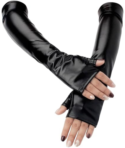 CALFOVERA Fingerlose Handschuhe für Damen Glänzende Metallische PU Leder Lange Halloween Handschuhe Silberne Stulpen Gothic Punk Sexy Party Kostüm Armwärmer Armstulpen Für Rock Und Bühnenauftritte