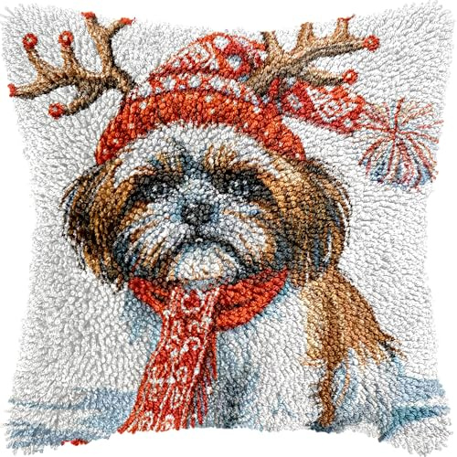 Merry Christmas Shih Tzu DIY Latch Hook Kits Pillow with Printed Canvas Cushion Crochet Yarn Embroidery Hook and Latch Kit Pillowcase Christmas Decor 43x43cm(2)