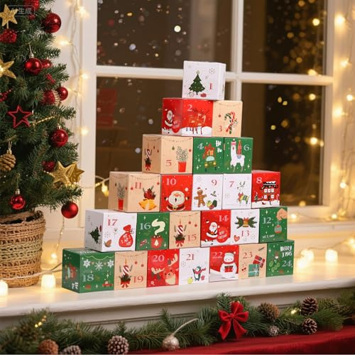 Kesote Adventskalender zum Befüllen 24 Weihnachtskalender Boxen DIY | Weihnachten Deko, Mini Karton Schachteln Rot Grün Weiß, Geschenkboxen zum Basteln, Weihnachtsdeko Mädchen Junge