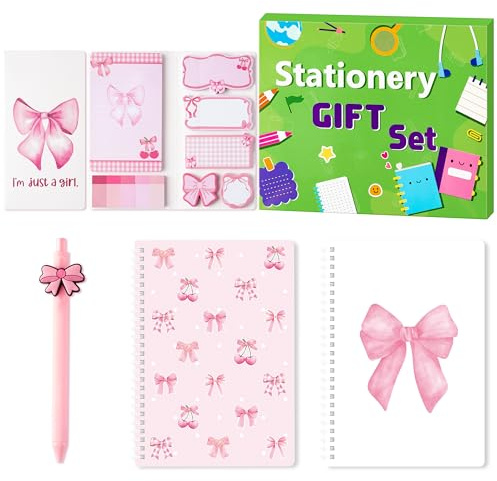PANTIDE Coquette Haftnotizen mit rosa Schleife, A5, Schreibwaren-Geschenk-Set – adrette, niedliche selbstklebende Notizblöcke, Spiralnotizbücher, Gel-Kugelschreiber, Schule, Bürobedarf