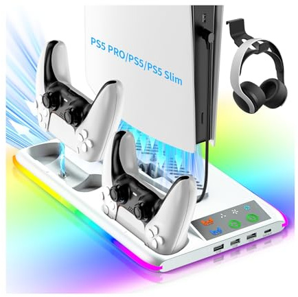 Bacxzomx Support PS5 Standard/Slim/Pro, Support PS5 avec Ventilateur de Refroidissement à 3 Vitesses, Station de Refroidissement Vertical PS5 avec RGB, Support de PS5, Accessoires PS5/Slim/Pro