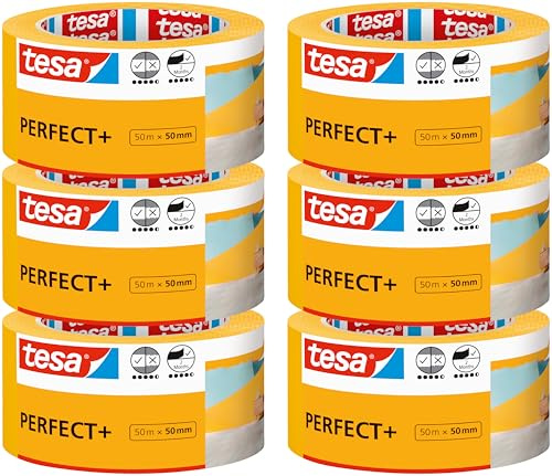 tesa Malerband Perfect+ - Malerkrepp aus dünnem Washi-Papier zum präzisen Abkleben bei Malerarbeiten - für den Innenbereich - 50 m x 50mm (6 Rollen, 50m x 50mm)