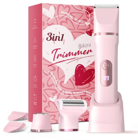 Lady Shavers for Women,3-in-1 Bikini Trimmer Woman, LED Display, Razors Women, IPX7 Waterproof Wet & Dry, Pubic Hair Trimmer, Ceramic Blade, USB Charging Dock, Pink
