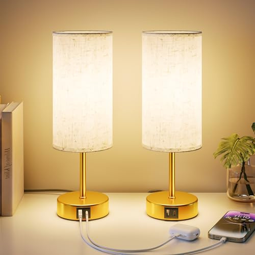 UPXNBOR Nachttischlampe 2er Set, Tischlampe mit USB-A & USB-C Ladefunktion | Schreibtischlampe Dimmbar, Leselampe Touch, 3-stufiges Warmlicht, Leinen-Lampenschirm, 1,5 m Kabel, E27-Lampe inkl., Gold