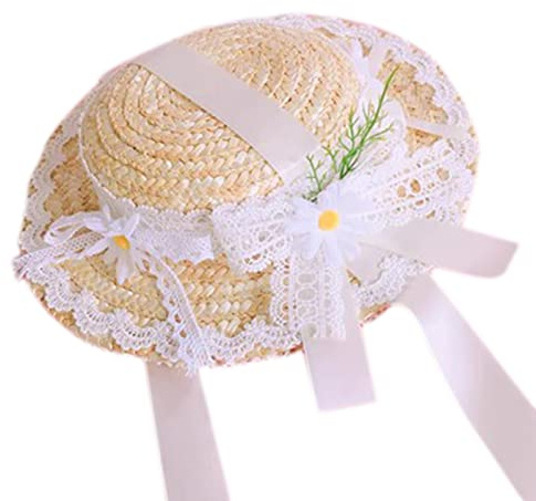 Xjdzineq Chapeau de paille Lolitas léger pour femmes et filles, chapeau de soleil rural, thé, dentelle, fleurs, décoré, petits chapeaux accessoires de costume, chapeau de paille Lolitas, chapeaux de