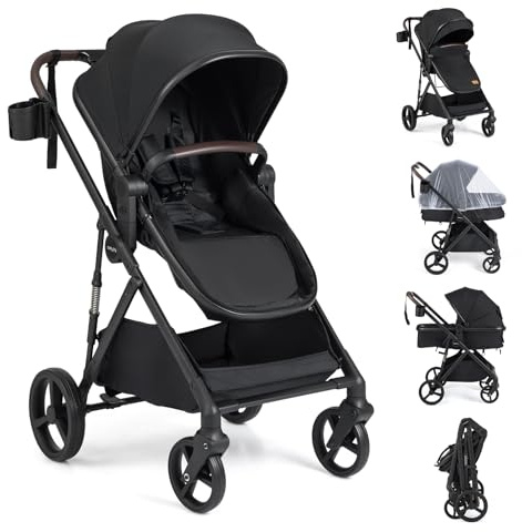 COSTWAY Silla de Paseo Bebe, 2 en 1 Cochecito de Bebe Plegable con Modo Capazo, Cochecito Convertible para Niños con Asiento Reversible, Capota y Respaldo Ajustables (Negro)