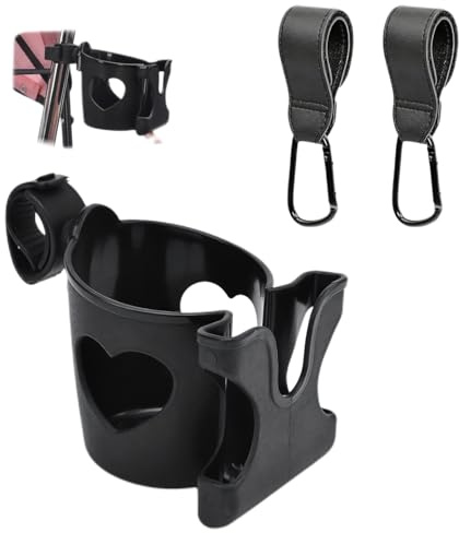 3 PCS Pram Cup Holder Universal Set,Cup Holder for Pram with 2 PU Leather Hooks,Portable Durable Phone Holder for Prams for Bicycles Treadmills Wheelchairs and Baby Strollers(Balck)