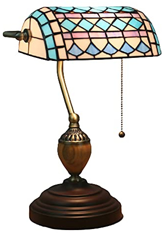 Retro Art Stained Glass Style Antik Bankers Lampa Målat glas Medelhavsstil Cafe Bordslampor Zink Legering Base Pianolampa för läsning sovrum Present,A