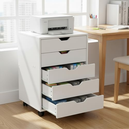 anrekl Rollcontainer mit 5 Schubladen, Mobiler Aktenschrank mit 4 Rollen, Holz Büroschrank Schreibtisch Unterschrank, Schmal Schubladenschrank Druckerschrank Weiß, 40.5cm Breit