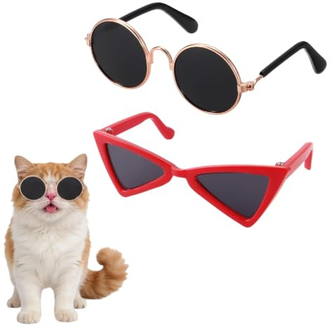 FIQLUL 2 Pièces Lunettes de Soleil pour Chien et Chat - Protection UV et Coupe-vent avec Sangle Réglable - Accessoires de Photo et Voyage pour Petits Animaux - Noir et Rouge