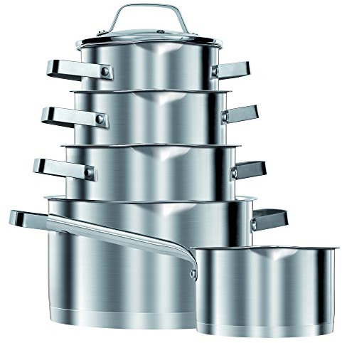 Smile MGK11 - Batería de Cocina Inducción 10 piezas Acero Inoxidable 4 ollas, 1 cazo, 5 tapas cristal, apta para todo tipo de cocinas, libre PFOA