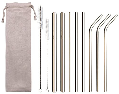 Metal Straws Stainless Steel Straws Reusable Drinking Straws Food-Grade Portable Straw Set with Bag & Cleaning Brush(3 Straight/ 3 Bent/2 Larger Straight Straws/2 Brushes)