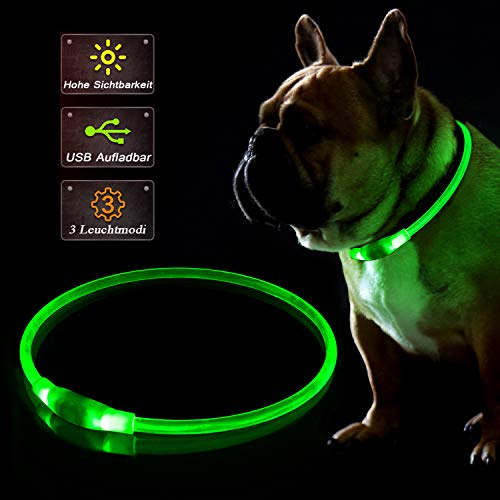 KABB LED Hundehalsband, USB Wiederaufladbares Blinkhalsband für die Sicherheit bei Nacht, Verstellbares, Wasserdichtes, Hell Beleuchtetes Halsband für Hunde - Eine Grösse passt Allen, Grün