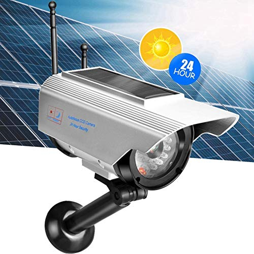 Dummy Camera, Solar Power LED Fake Camera Outdoor Security Surveillance Silver Dummy CCTV Camera Flashing Light Bullet Shape for Offices Hotels Garages