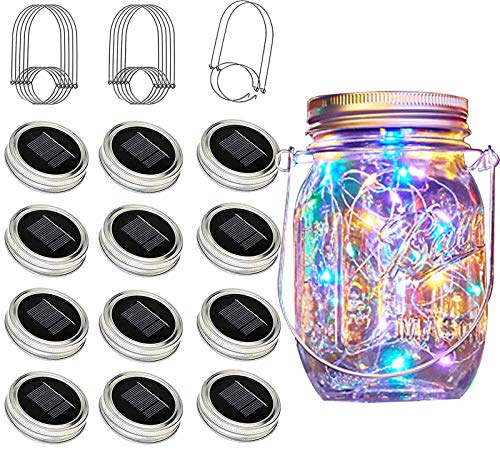 Cynzia Solar Mason Jar Lights, 12 Pack 30 LED Waterproof Lid Light with Hangers (No Jar), Fairy Firefly Outdoor String Lights for Regular Mason Jar, Patio, Yard, Garden, Wedding Decoration (4 Colors)