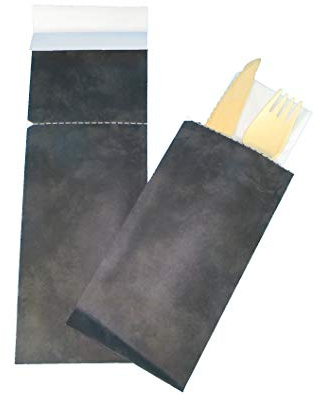 Duni 500 Serviettentaschen Bestecktaschen Sacchettos FSC 250x85mm verschließbar Schwarz inkl. Tissue Serviette 33x33cm weiß